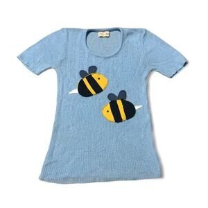 Custom Upcycled Bumble Bee Patchwork Blue Knit Top Small One of a Kind